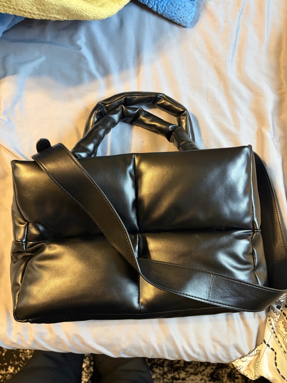 Padded Black Faux-Leather Tote Bag